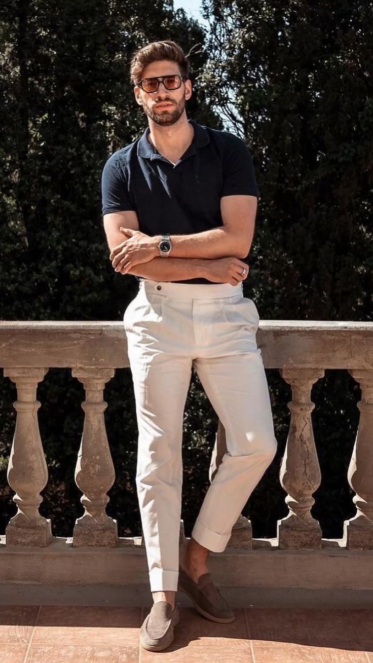 Navy Polo Shirt with Cream Linen Pants and Brown Loafers 